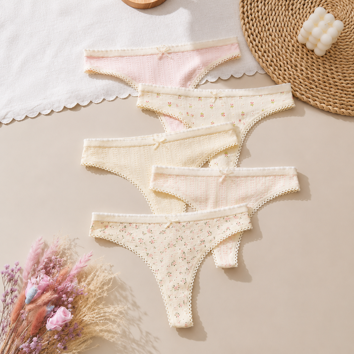 Floral Lace-Trim Bikini Briefs (5-Pack)