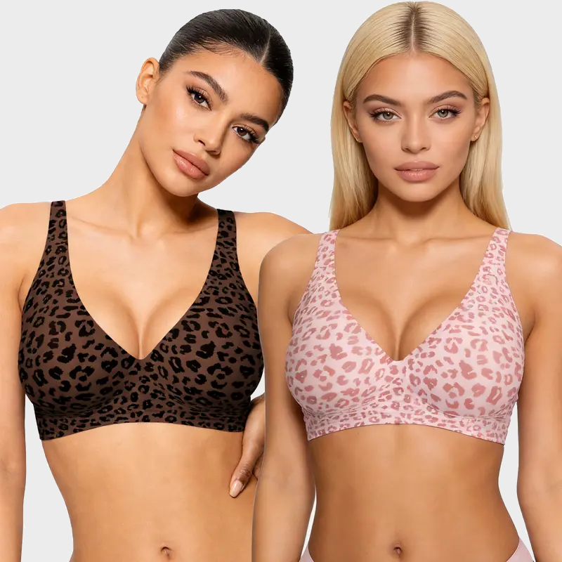 Deep V wireless bras shown in two leopard print styles