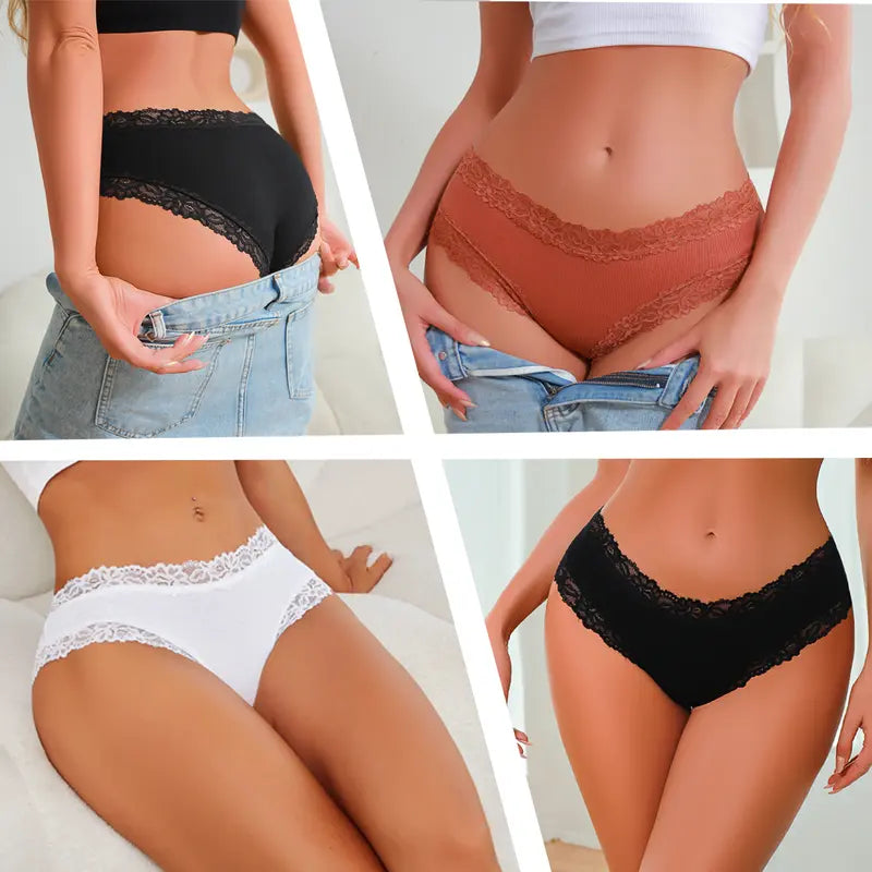 Lace-trim bikini briefs shown with everyday outfits