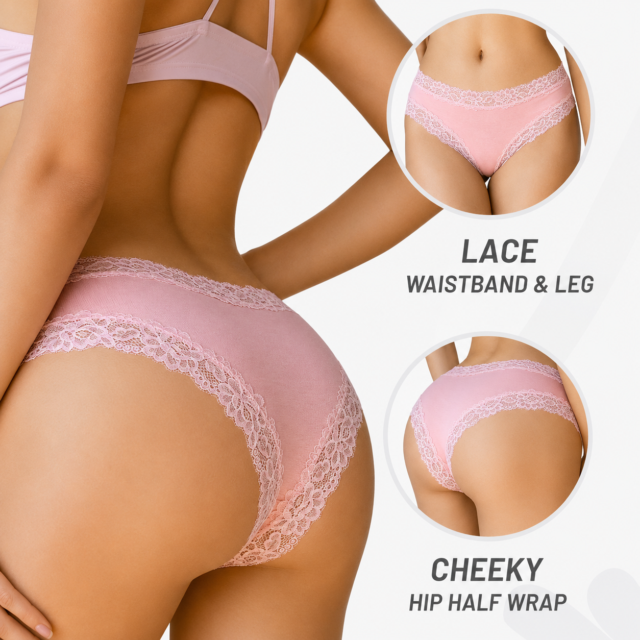 Lace waistband, leg trim and bikini back coverage details