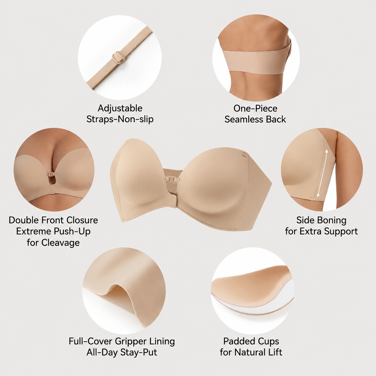 🔥No-Slip Front Closure Push-Up Strapless Bra