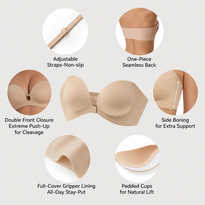 🔥No-Slip Front Closure Push-Up Strapless Bra