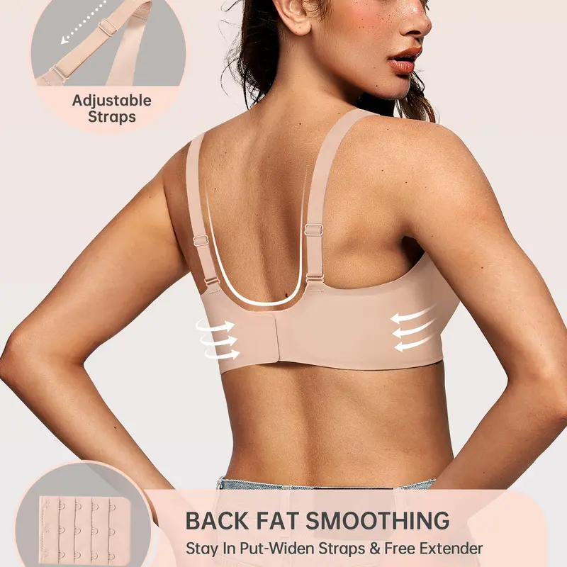 Rear view showing the wide back band and adjustable shoulder straps
