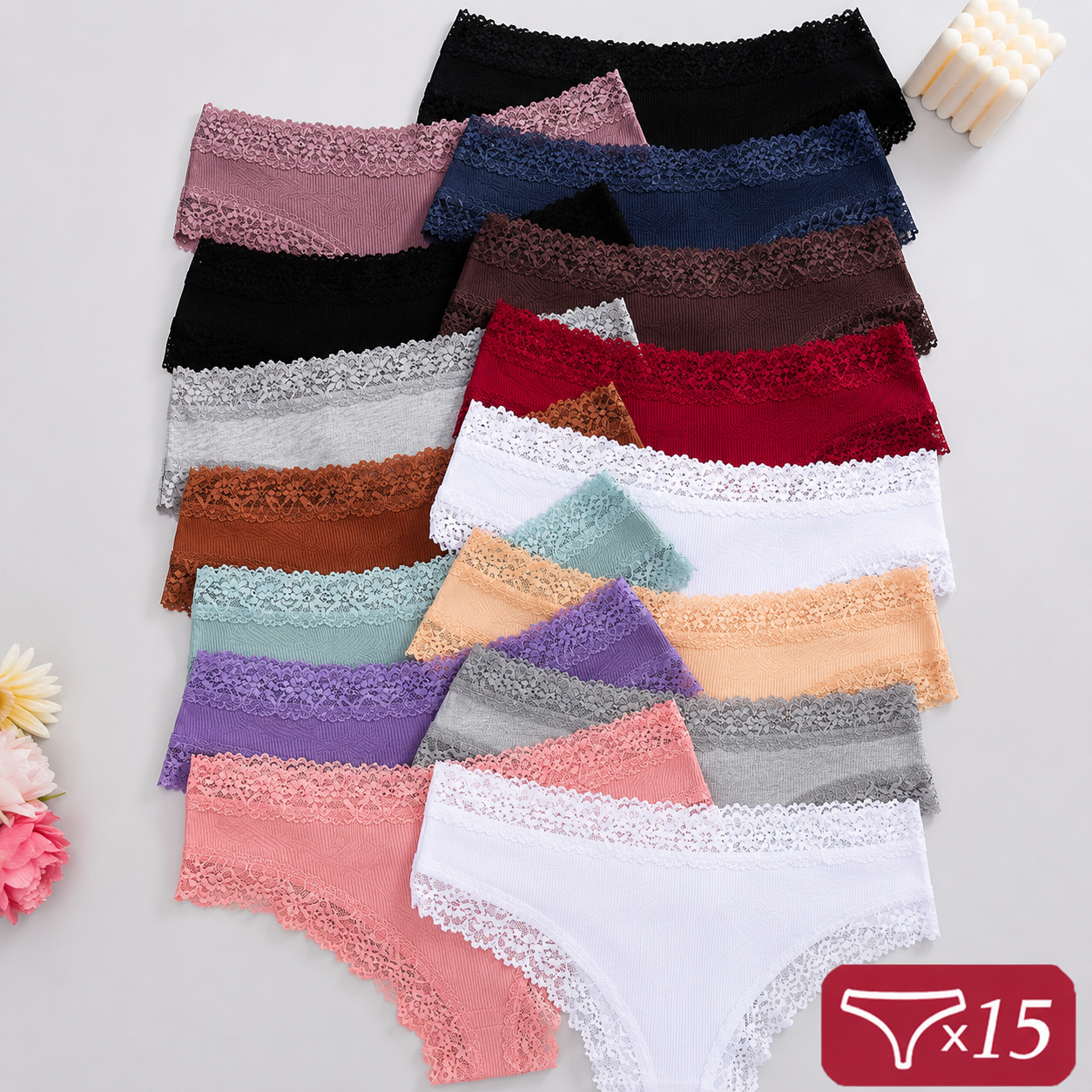 15-pack of assorted cotton-rich lace bikini briefs